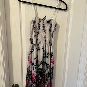 Ivory Floral Smocked Maxi Dress with Black & Pink Print